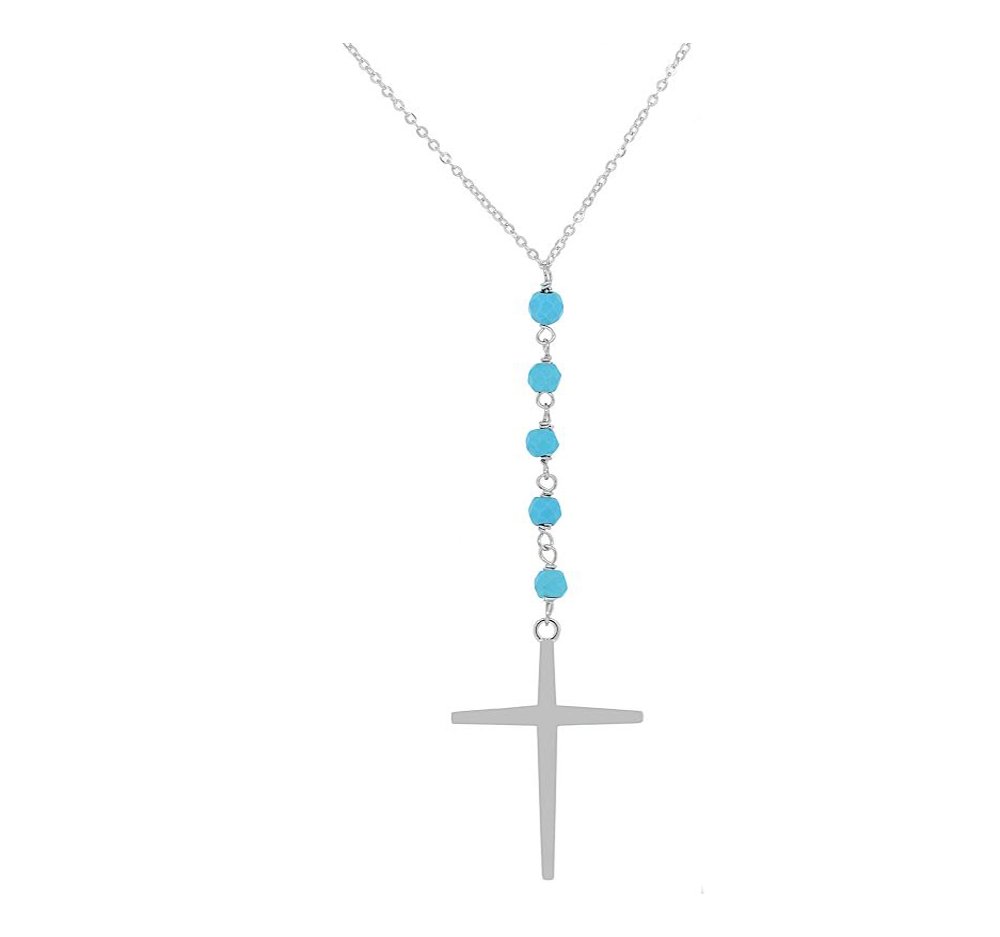 NYC Sterling Women Silver Turquoise Beaded Drop Cross Necklace