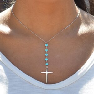 NYC Sterling Women Silver Turquoise Beaded Drop Cross Necklace