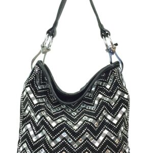 Zzfab Women Sparkle Gem Chevron Large Rhinestone Hobo Bag with Shoulder Strap Black