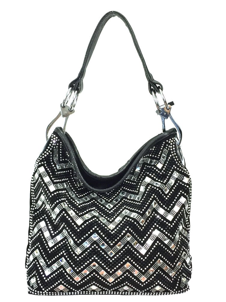 Zzfab Women Sparkle Gem Chevron Large Rhinestone Hobo Bag with Shoulder Strap Black