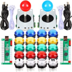 EG STARTS Classic Arcade DIY Kit Parts 2x USB LED Encoder To PC Consols Games + 2x 4/8 Ways Joystick + 20x 5V Illuminated Push Buttons For Mame Raspberry pi (Red/Blue Stick + MIX Color Buttons)