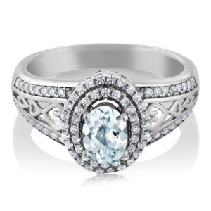 Gem Stone King 925 Sterling Silver Sky Blue Aquamarine Engagement Ring For Women (1.29 Cttw, Oval Excellent Cut Gemstone Birthstone, Available in size 5, 6, 7, 8, 9)