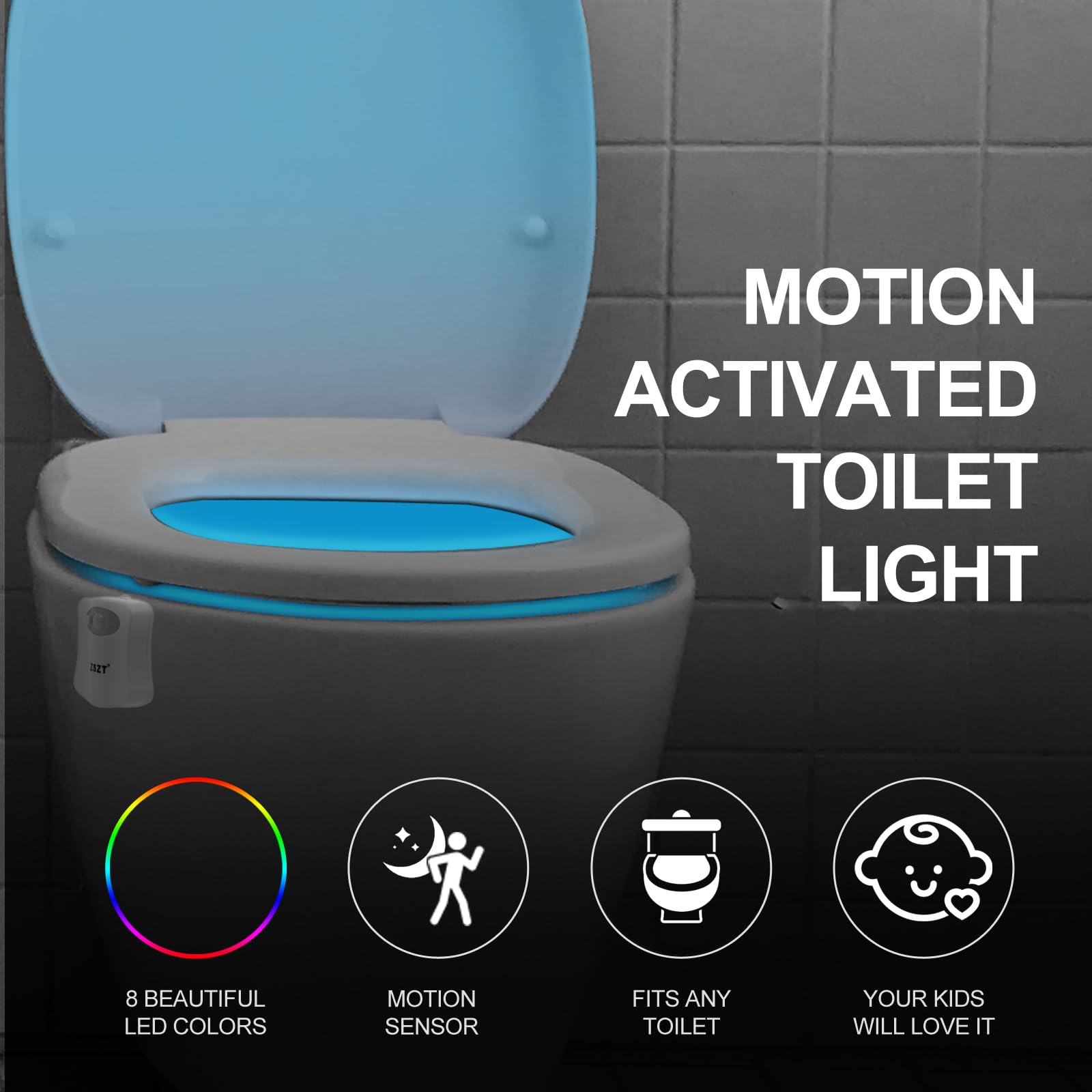 Toilet Night Light Motion Sensor Activated by ZSZT, 8 Colors Changing Toilet Bowl Nightlight for Bathroom, Perfect for Using Toilet in Midnight, Funny Gift for your Kids