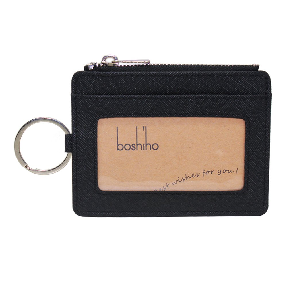 Boshiho Saffiano Leather Credit Card Holder Coin Change Purse with Key Ring Keychain - unisex