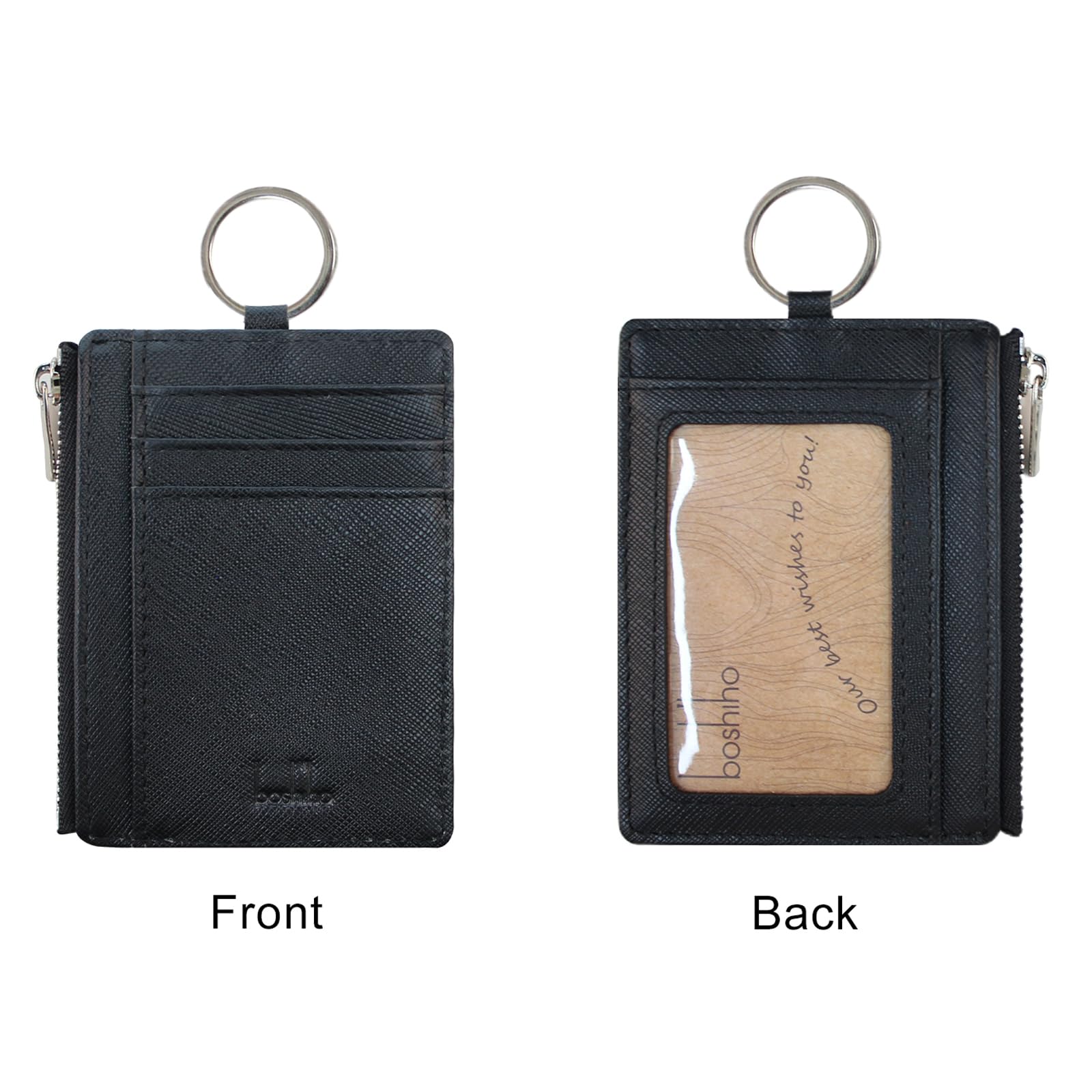 Boshiho Saffiano Leather Credit Card Holder Coin Change Purse with Key Ring Keychain - unisex