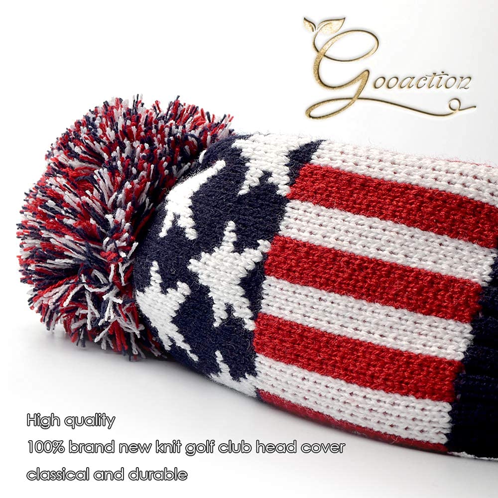 GOOACTION 3PCS Knitted Golf Head Covers 1-3-5 for Driver and Fairway Woods with Long Neck Design Vintage Red Stars and Stripes American Flag Sock Pom Pom Golf Club Patriotic Headcovers Set