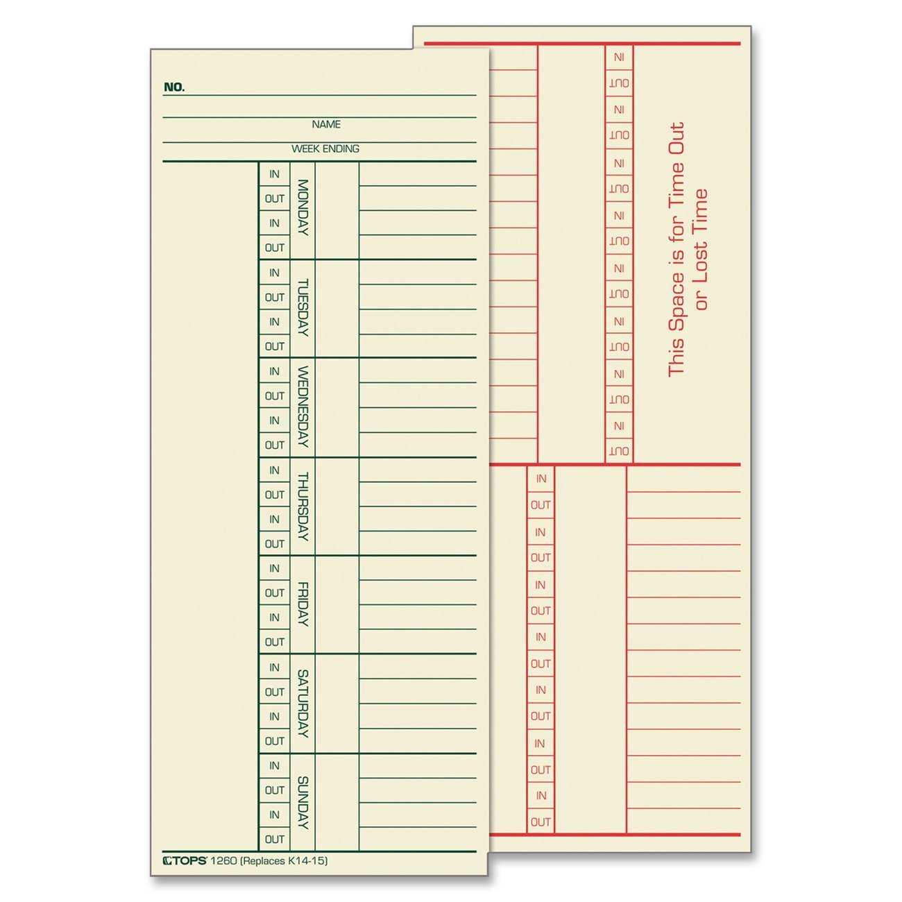 TOPS Time Cards, Weekly, 2-Sided, Named Days, 3-3/8" x 8-1/4", Manila, Green/Red Print, 500-Count (1260)