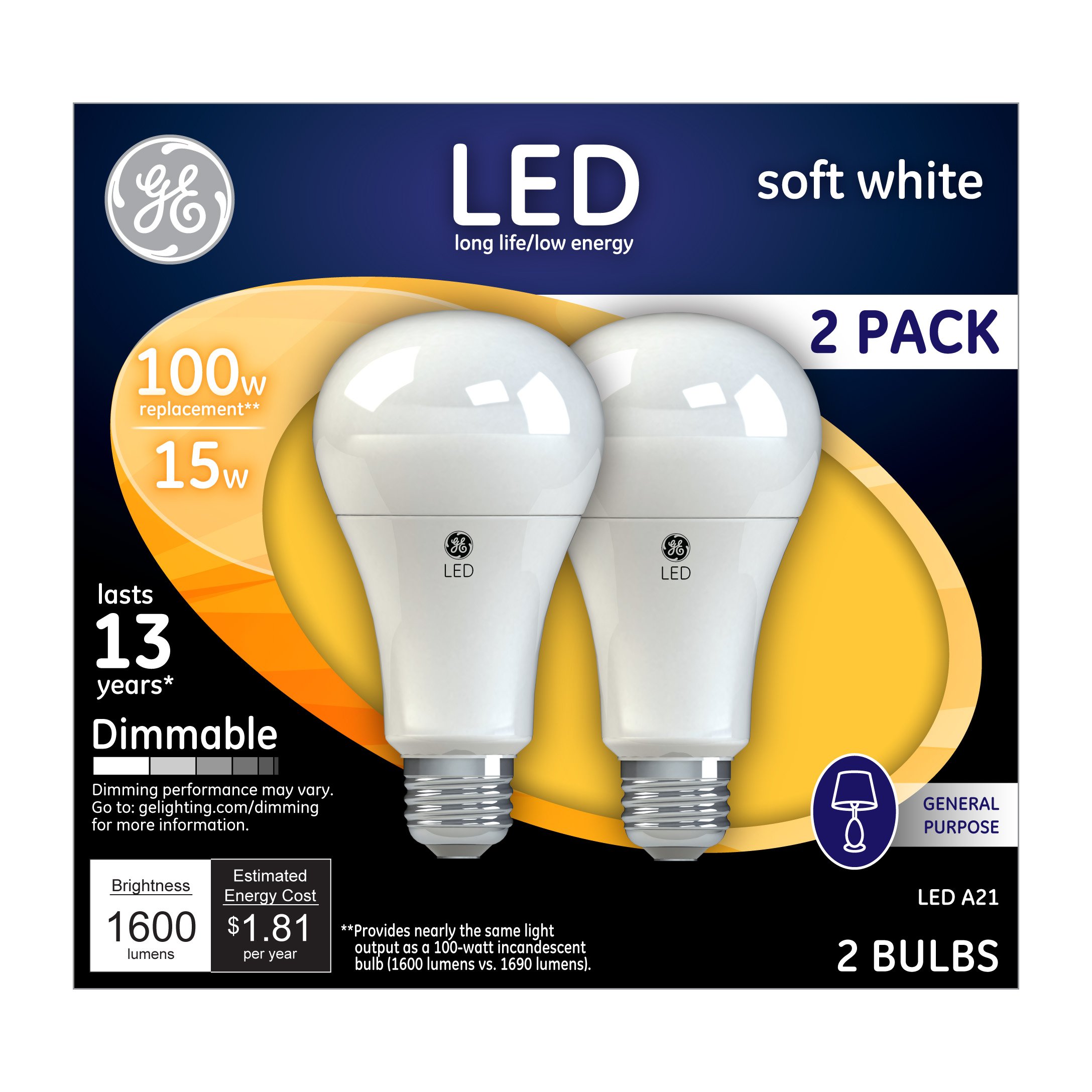 GE 65941 LED A19 Light Bulb with Medium Base, 15-Watt, Soft White, 2-Pack, 2 Count (Pack of 1)