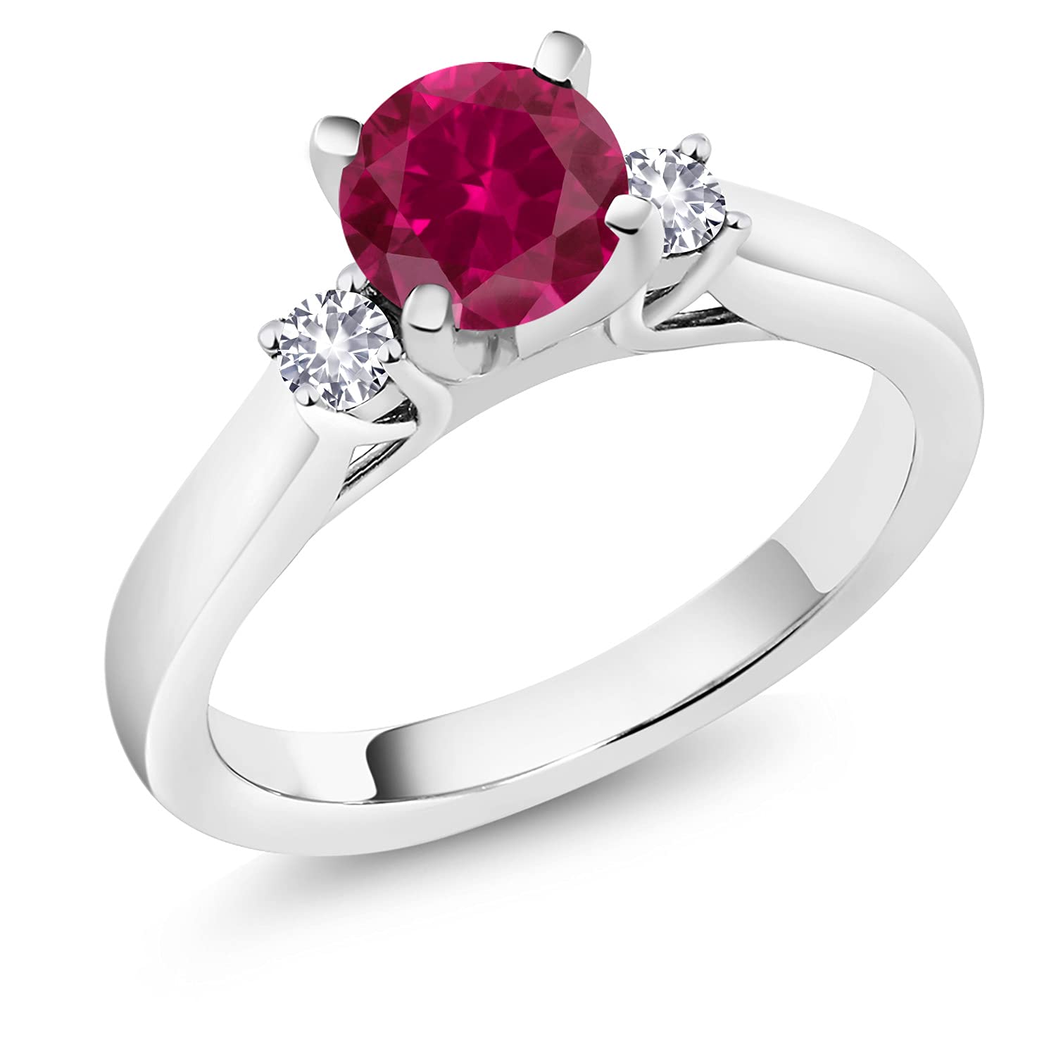 Gem Stone King 925 Sterling Silver Red Created Ruby and White Created Sapphire 3-Stone Engagement Ring For Women (1.10 Cttw, Round 6MM, Gemstone July Birthstone, Size 7)