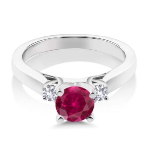 Gem Stone King 925 Sterling Silver Red Created Ruby and White Created Sapphire 3-Stone Engagement Ring For Women (1.10 Cttw, Round 6MM, Gemstone July Birthstone, Size 7)