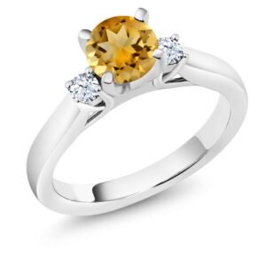 gem stone king 925 sterling silver yellow citrine and white created sapphire 3-stone engagement ring for women (0.90 cttw, round 6mm, gemstone november birthstone, size 5)