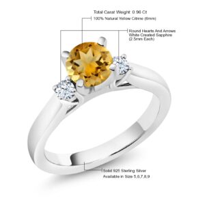 Gem Stone King 925 Sterling Silver Yellow Citrine and White Created Sapphire 3-Stone Engagement Ring For Women (0.90 Cttw, Round 6MM, Gemstone November Birthstone, Size 5)