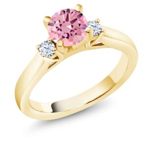 Gem Stone King 18K Yellow Gold Plated Silver Pink Zirconia and White Created Sapphire 3-Stone Engagement Ring For Women (1.60 Cttw, Round 6MM, Gemstone Birthstone, Size 5)