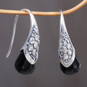 NOVICA Artisan Handcrafted Black Onyx Drop Earrings In Sterling Silver | Chalcedony Drop Earrings | French Wire Drop Earrings | Stone Dangle Drop Earrings | Black Agate Earrings | Onyx Dangle Earrings