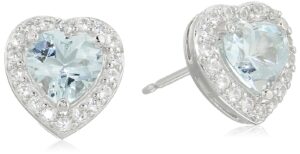 amazon essentials sterling silver created aquamarine and created white sapphire halo heart stud earrings, (previously amazon collection)