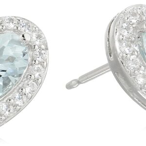 Amazon Essentials Sterling Silver Created Aquamarine and Created White Sapphire Halo Heart Stud Earrings, (previously Amazon Collection)