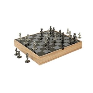 umbra buddy chess set for kids & adults – modern original chessboard game made of metal with nickel & titanium finish – measures 13 x 13 by 1 ½ inch (33 x 33 x 3.8 cm) - velvet bottom for easy moving