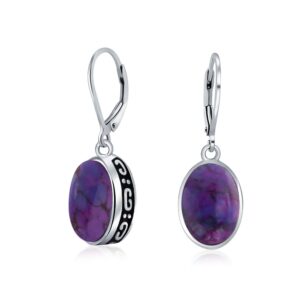 western style 3ct oval stabilized purple turquoise gemstone bezel dangle lever back earrings for women .925 sterling silver