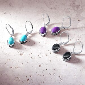 Western Style 3CT Oval Stabilized Purple Turquoise Gemstone Bezel Dangle Lever Back Earrings For Women .925 Sterling Silver