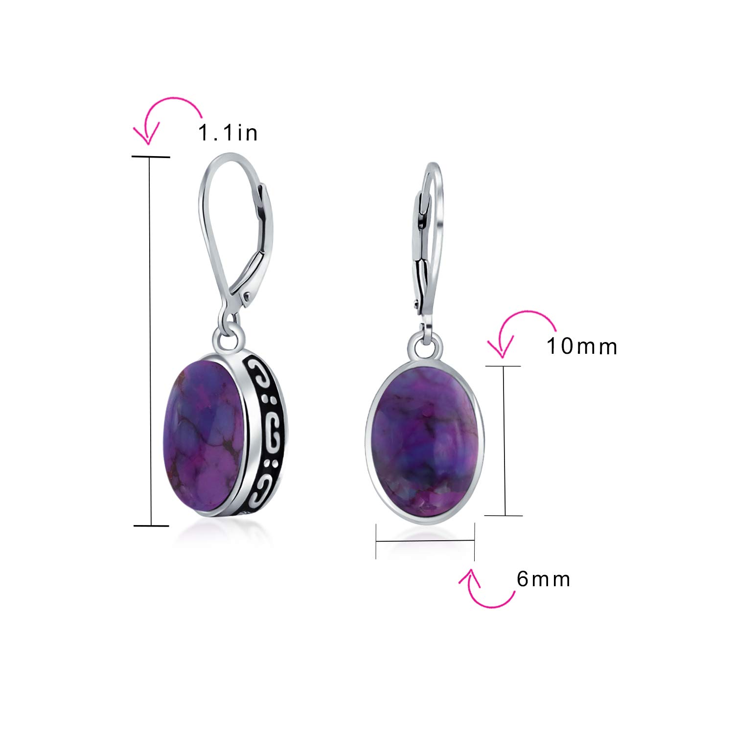 Western Style 3CT Oval Stabilized Purple Turquoise Gemstone Bezel Dangle Lever Back Earrings For Women .925 Sterling Silver