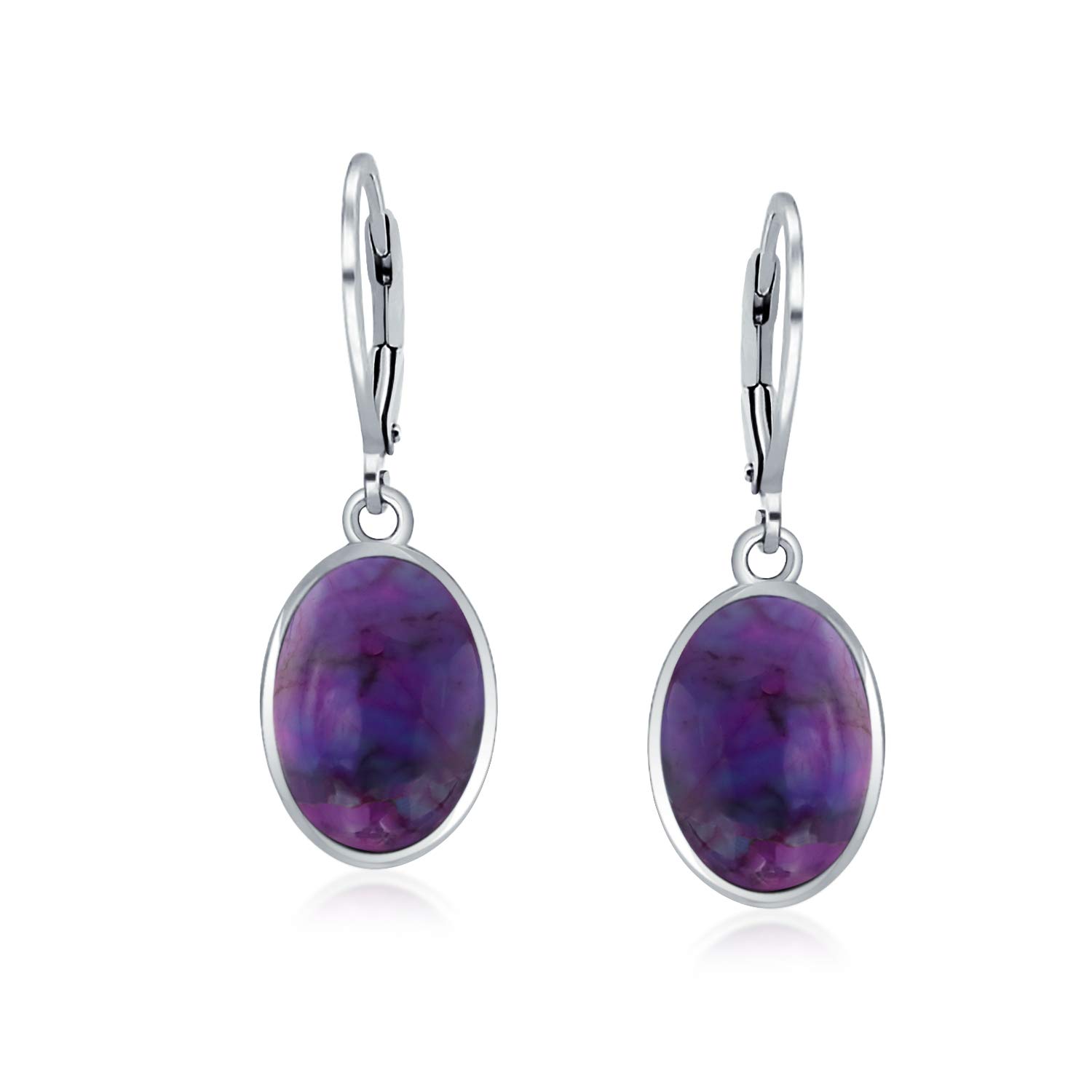 Western Style 3CT Oval Stabilized Purple Turquoise Gemstone Bezel Dangle Lever Back Earrings For Women .925 Sterling Silver