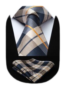 hisdern ties for men brown plaid tie pocket square set extra long mens neckties and handkerchief formal silk checkered 63'' necktie for business