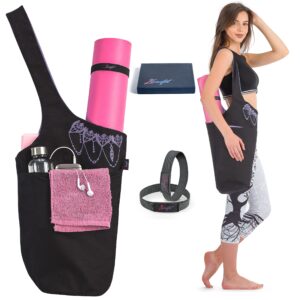 zenifit yoga mat bag, long tote with pockets for your yoga accessories, yoga bag with bonus yoga mat strap elastics, holds your pilates mat, color: black and lavender yoga mat carrier for women