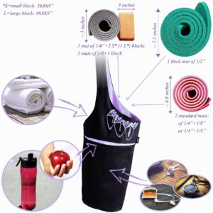 Zenifit Yoga Mat Bag, Long Tote with Pockets for your Yoga Accessories, Yoga Bag with Bonus Yoga Mat Strap Elastics, Holds your Pilates Mat, Color: Black and Lavender Yoga Mat Carrier for Women