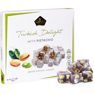 cerez pazari turkish delight pistachio candy gourmet premium vegan sweets medium gift box 420g | sweet luxury traditional confectionery soft candy dessert glucose free lokum (loukoumi) | apprx.42 pcs