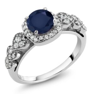 gem stone king 925 sterling silver blue sapphire engagement ring for women (1.32 cttw, round gemstone birthstone, available 5,6,7,8,9) (size 5)