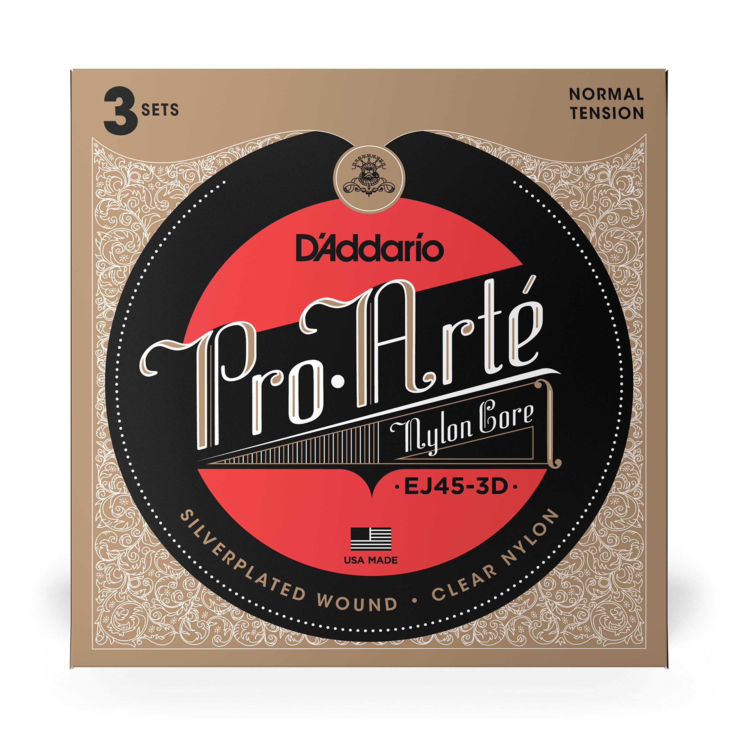 D'Addario Guitar Strings - Pro-Arte Classical Guitar Strings - EJ45-3D - Nylon Guitar Strings - Silver Plated Wound, Nylon Core - Normal Tension, 3-Pack