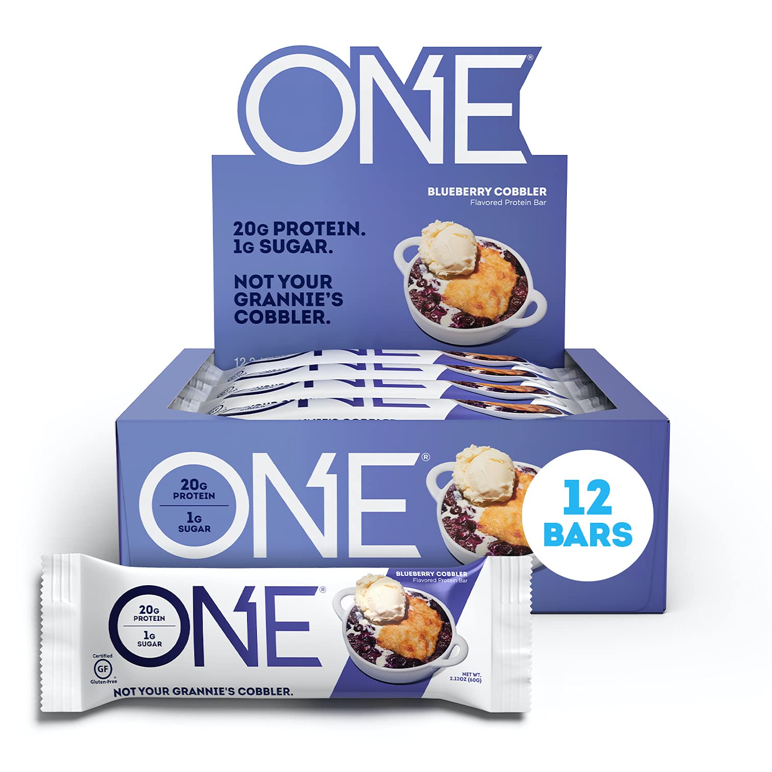 ONE Protein Bars, Blueberry Cobbler, Gluten Free Protein Bars with 20g Protein and 1g Sugar, Pantry Staples, 2.12oz (12 Count)