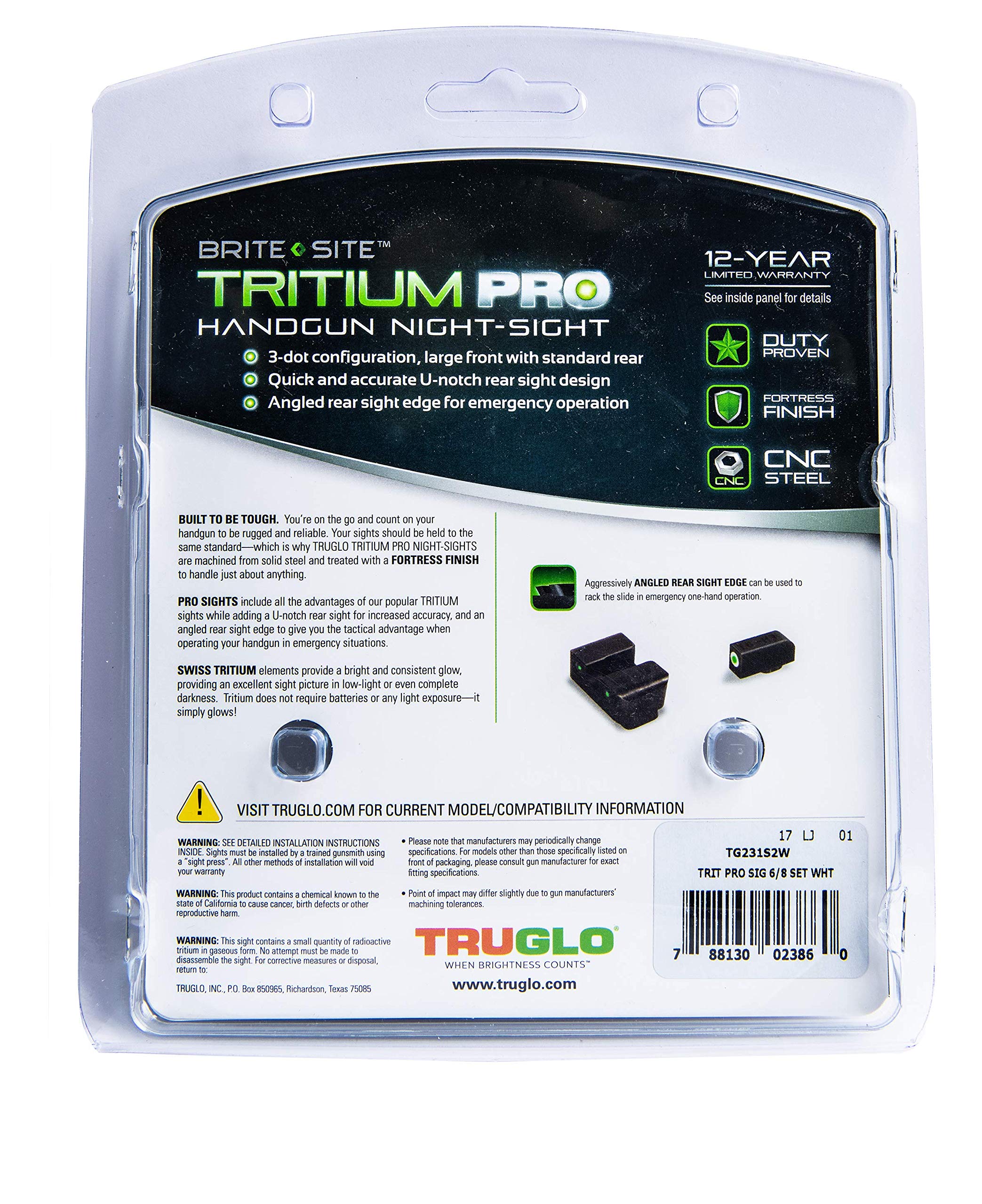 TRUGLO Tritium Pro Night Sights, Compatible with Sig Sauer #6 Front / #8 Rear | Compact Durable Glow-in-The-Dark Front & Rear Gun Sights with White Focus Lock Front Ring