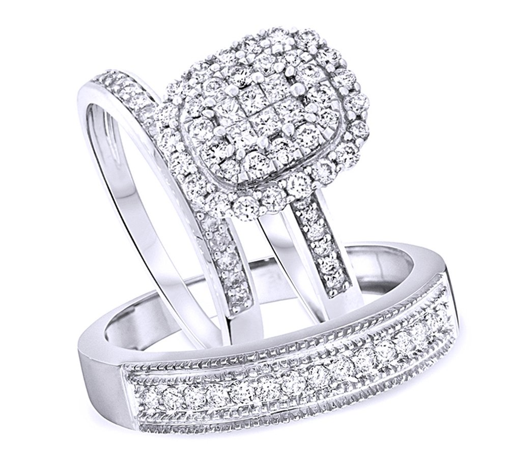 Jewel Zone US White Cubic Zirconia Engagement & Wedding Trio Fashion Ring Set in 10k Solid Gold (1.33 Cttw)