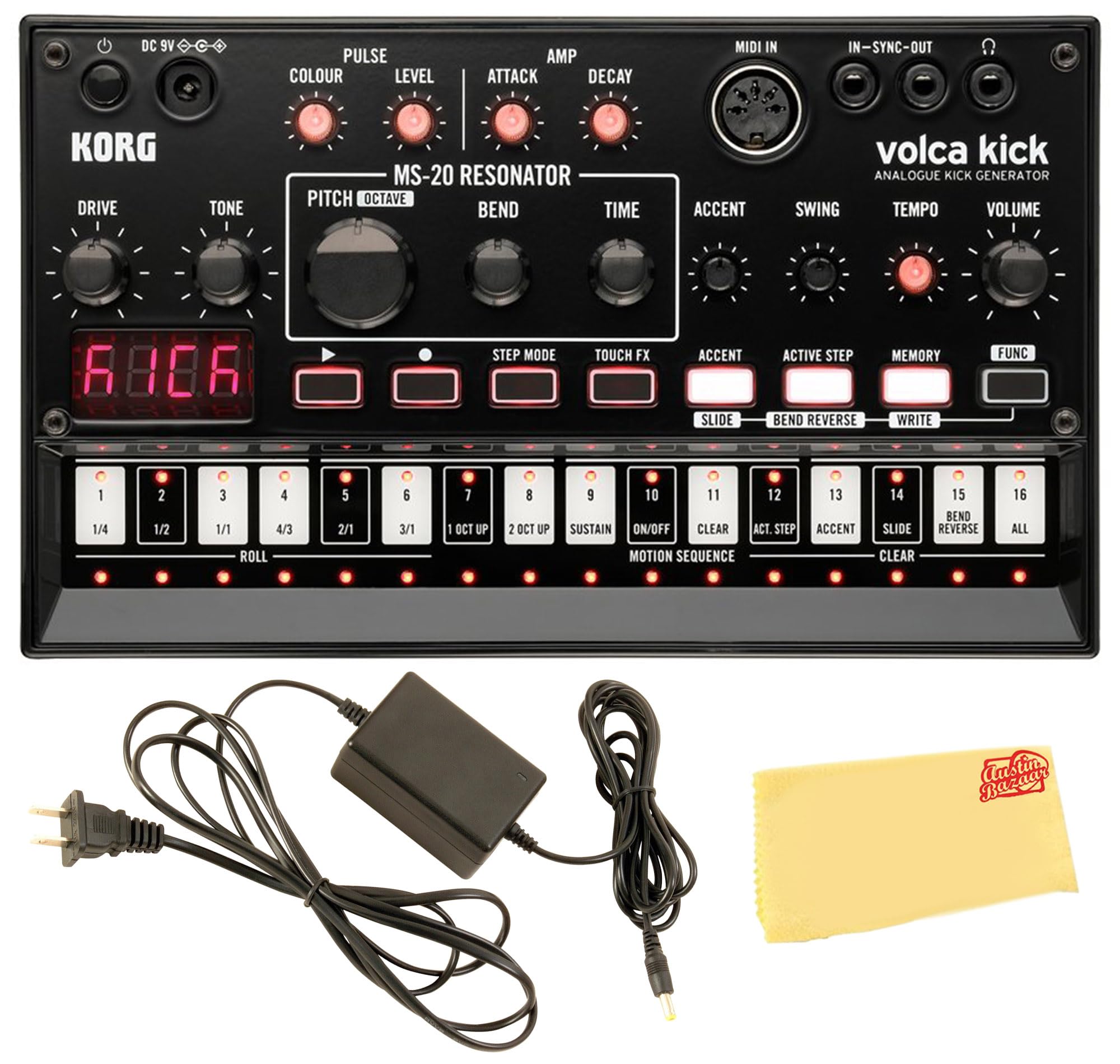 Korg Volca Kick Analogue Kick Generator Bundle with Power Supply and Austin Bazaar Polishing Cloth