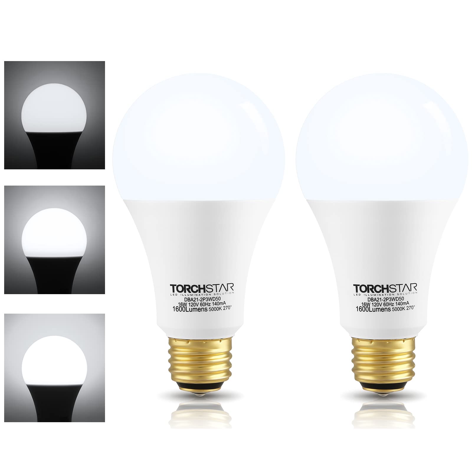 TORCHSTAR 3-Way LED Bulb A21, 3 Way LED Light Bulbs 40/60/100W Equivalent, UL & ES Listed, Flicker Free Bulb for Floor, Table, Touch Lamp, E26 Standard Base, Non-dimmable, 5000K Daylight, Pack of 2