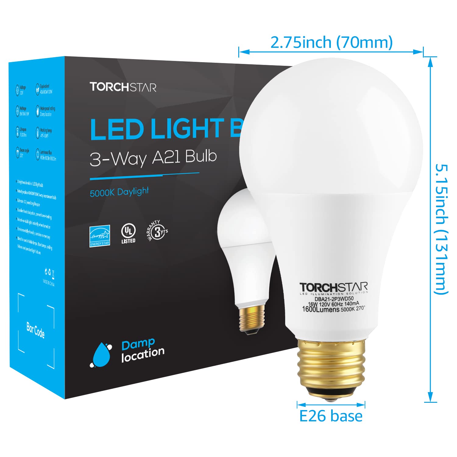 TORCHSTAR 3-Way LED Bulb A21, 3 Way LED Light Bulbs 40/60/100W Equivalent, UL & ES Listed, Flicker Free Bulb for Floor, Table, Touch Lamp, E26 Standard Base, Non-dimmable, 5000K Daylight, Pack of 2