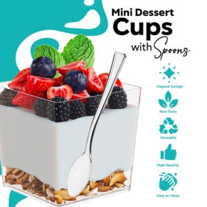 Exquisite Mini Dessert Cups with Spoons 200 Pcs - 3.6 Oz Square Dessert Cups With Tasting Spoons 100 Sets | Mini Parfait Cups | Appetizer Cups For Party | Plastic Dessert Cups