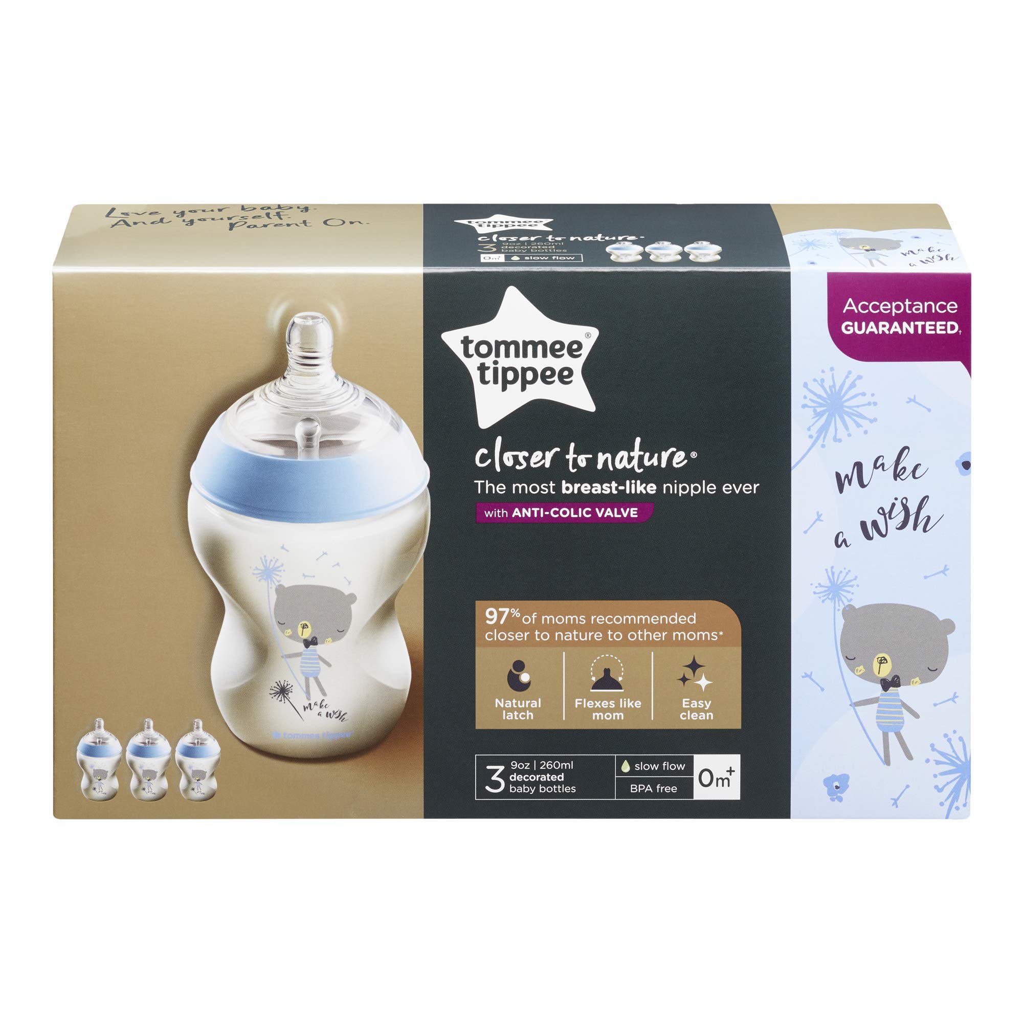 Tommee Tippee Closer to Nature Decorated Bottle, Blue, 3 Count (Pack of 1)