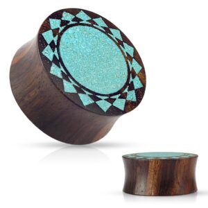 crushed turquoise tribal sunburst inlaid organic sono wood double flared wildklass saddle plugs (7/8 inch)