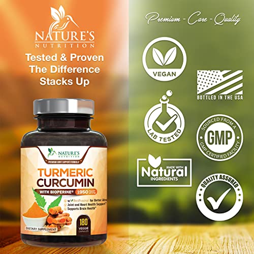 Turmeric Curcumin with BioPerine 95% Standardized Curcuminoids 1950mg - Black Pepper Extract for Max Absorption, Nature's Joint Support Supplement, Herbal Turmeric Pills, Vegan Non-GMO - 180 Capsules