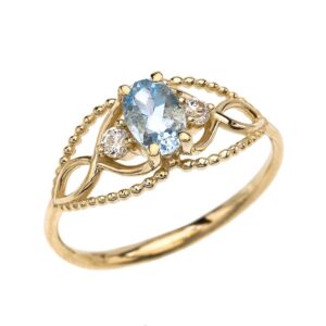 10K Yellow Gold, Blue Oval Cut Aquamarine & White Topaz Three Stone Swirl March Birthstone Split Shank Beaded Engagement Ring - Size 5-1/2