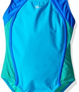 Speedo Girl's Swimsuit One Piece Mesh Splice Thick Strap , Cyan, 16