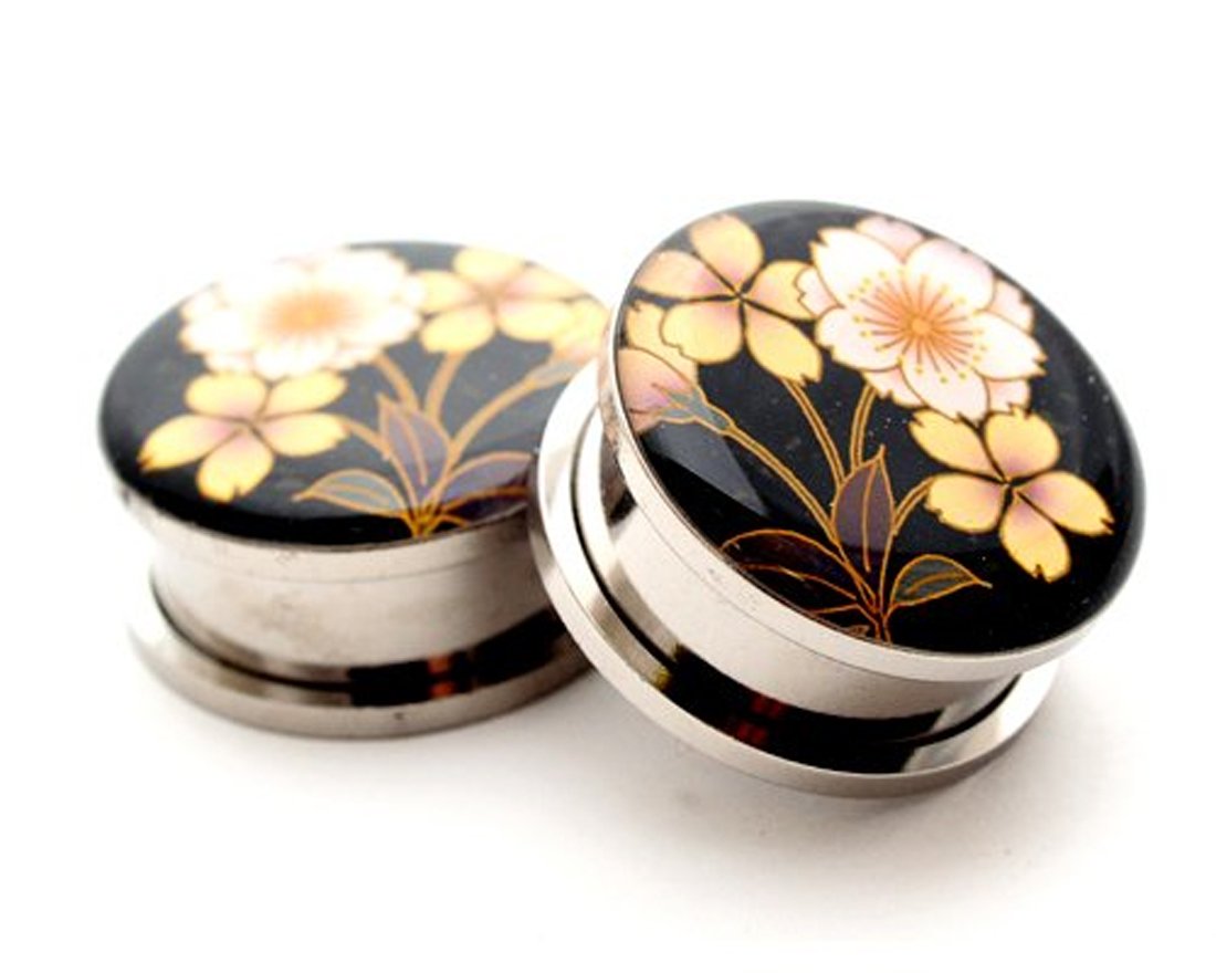 Mystic Metals Body Jewelry Screw on Plugs - Flower Style 4 Picture Plugs - Sold As a Pair (00g (10mm))