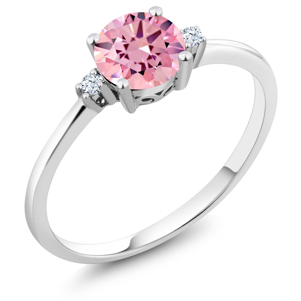 Gem Stone King 10K White Gold Pink Zirconia and White Created Sapphire Solitaire Engagement Ring For Women (1.53 Cttw, Round 6MM, Gemstone Birthstone, Size 8)