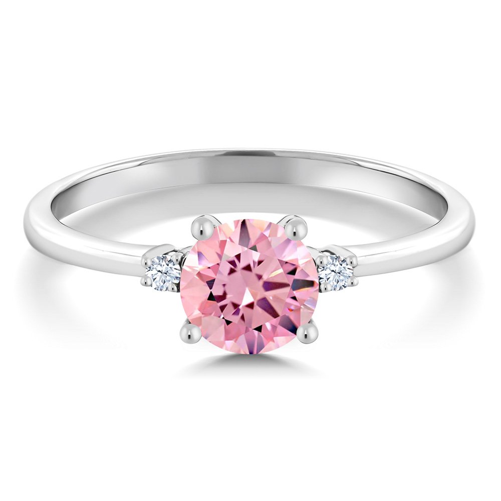 Gem Stone King 10K White Gold Pink Zirconia and White Created Sapphire Solitaire Engagement Ring For Women (1.53 Cttw, Round 6MM, Gemstone Birthstone, Size 8)