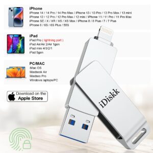 【App-le Certified】iDiskk 128GB Photo Storage Stick iPhone Storage Flash Drive for iPhone usb storage flash drive,iPhone USB External Storage for Mac,iPad and PC Photo Stick for Photos Videos Contacts