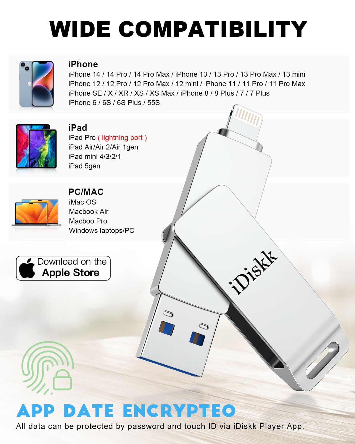 【App-le Certified】iDiskk 128GB Photo Storage Stick iPhone Storage Flash Drive for iPhone usb storage flash drive,iPhone USB External Storage for Mac,iPad and PC Photo Stick for Photos Videos Contacts