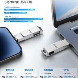 【App-le Certified】iDiskk 128GB Photo Storage Stick iPhone Storage Flash Drive for iPhone usb storage flash drive,iPhone USB External Storage for Mac,iPad and PC Photo Stick for Photos Videos Contacts