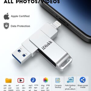 【App-le Certified】iDiskk 128GB Photo Storage Stick iPhone Storage Flash Drive for iPhone usb storage flash drive,iPhone USB External Storage for Mac,iPad and PC Photo Stick for Photos Videos Contacts